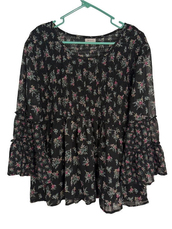 Westport Tops - Westport Black Floral Smocked Long Sleeve Sheer Boho Peasant Blouse